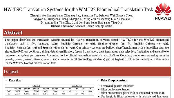 HW-TSC Translation Systems for the WMT22 Biomedical Translation Task