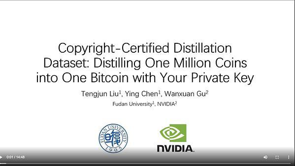 Copyright-certified distillation dataset: Distilling one million coins into one bitcoin with your private key