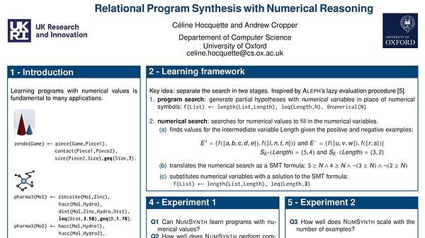 Relational program synthesis with numerical reasoning