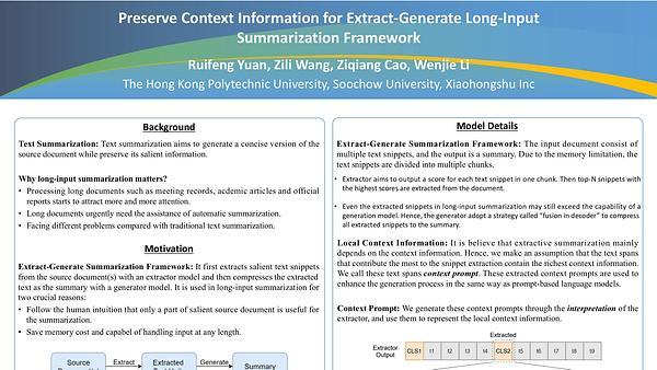 Preserve Context Information for Extract-Generate Long-Input Summarization Framework