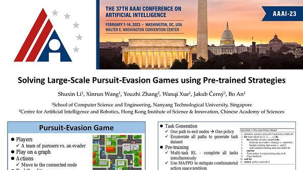 Solving Large-Scale Pursuit-Evasion Games Using Pre-Trained Strategies