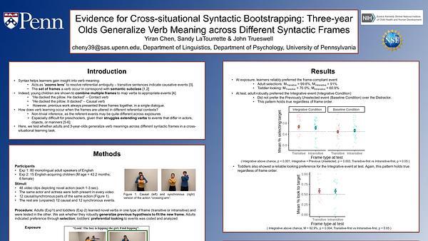 Evidence for Cross-situational Syntactic Bootstrapping: Three-year olds Generalize Verb Meaning across Different Syntactic Frames