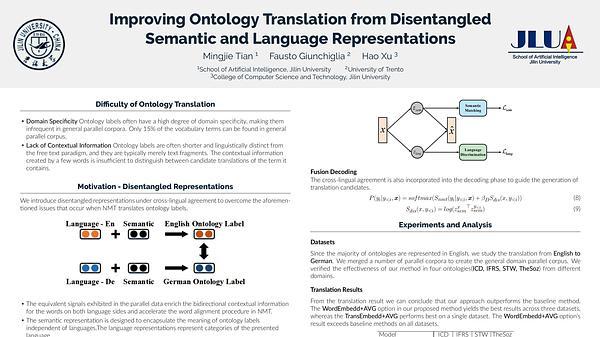 Improving Ontology Translation from Disentangled Semantic and Language Representations