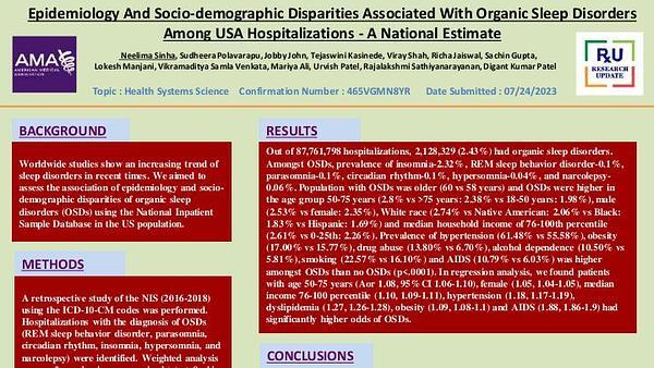 Epidemiology And Socio-demographic Disparities Associated With Organic Sleep Disorders Among USA Hospitalizations - A National Estimate