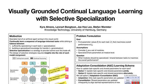 Visually Grounded Continual Language Learning with Selective Specialization